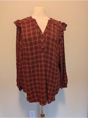 Torrid size 1 Plaid Long-Sleeve Button-Front Blouse With Ruffle Shoulder